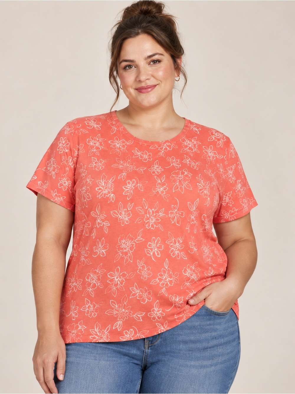 Draper’s & Damon’s 1X Silk Blend Coral Floral Knit Short Sleeve Top